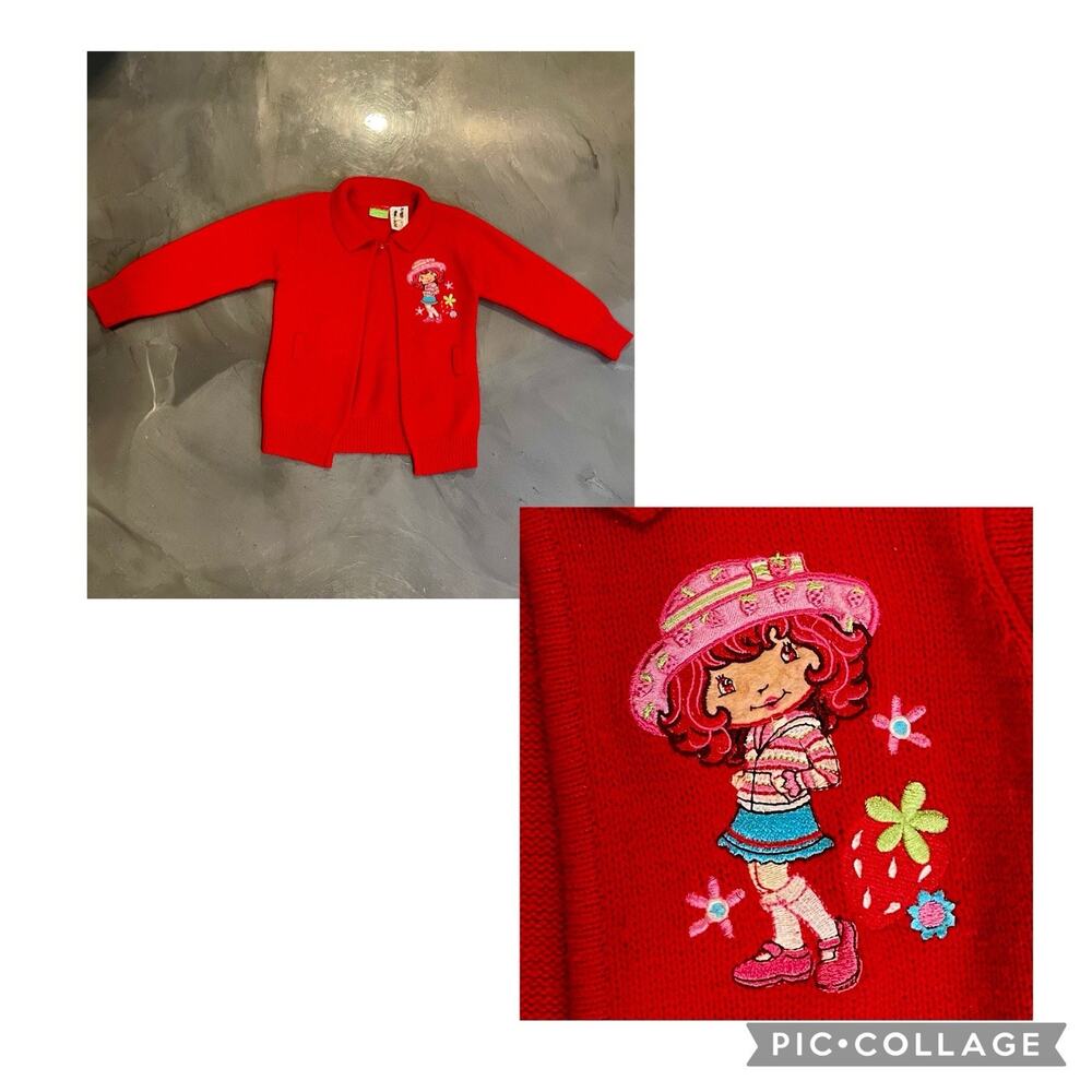 Vintage Y2K Strawberry Shortcake Red Sweater Cardigan Size 5T 2007 No Belt